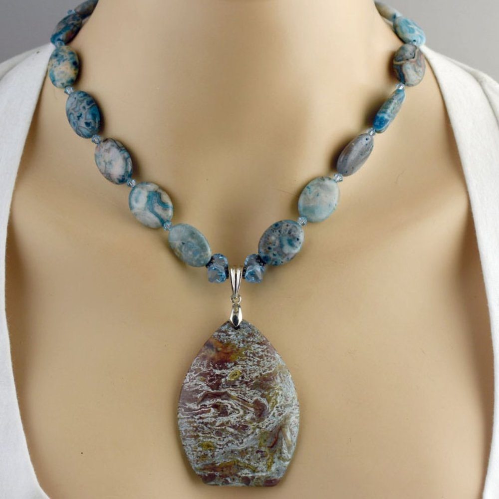 Blue Crazy Lace Agate & Crystal Necklace Set